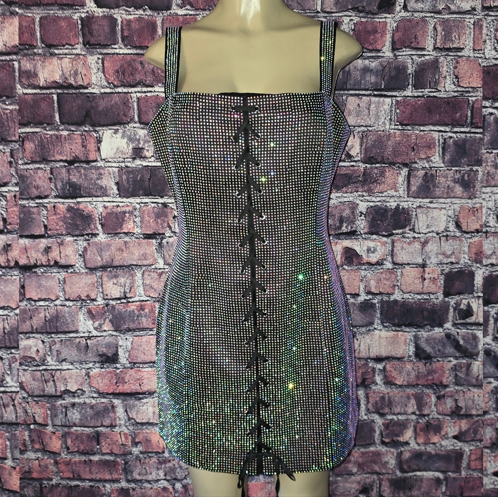 Nasty Gal Rainbow Diamante Lace Up Satin Dress